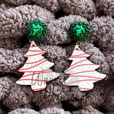 "** Christmas Tree Snack Cake Earrings --> Seed Bead or Sequin Topper --> Red or Green --> Laser Cut Dangle Earrings **  These seed bead or sequin and mdf earrings are sure to please the biggest of Christmas and snack cake fans! You choose your topper type (seed bead or sequin) and color (red or green).  This listing is for ONE pair of earrings. The earrings are approximately 2.75\" in length with the seed bead topper and 2.5\" in length with the sequin topper. The findings of these earrings are Mdf Earrings, Cake Earrings, Green Laser, Snack Cake, Etsy Earrings Dangle, Seed Bead, Shop Policies, Christmas Decor Diy, Decor Diy