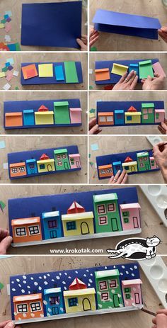 the steps to make a house out of construction paper are shown in several different ways