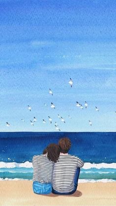 two people sitting on the beach looking out at the water and birds flying in the sky