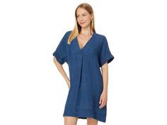 Faherty Sanibel Dress - Women's Dress : Indigo : It's all about barefoot glamor in the Faherty Sanibel Dress that is made for the most leisurely days. The luxe basket-weave texture fabric of this linen dress gives it an elevated drape that looks perfect with a spritz in hand. This stylish dress comes with short sleeves, a V-neckline, and a straight hem. Whether you're going out with friends or getting ready for a date, this short-sleeve dress is a great choice. Pullover style. Two front hand pockets. Above-the-knee length. 100% linen. Hand wash only. Imported. Measurements: Length: 37 in Product measurements were taken using size SM. Please note that measurements may vary by size. Fitted Casual Linen V-neck Dress, Casual Fitted V-neck Linen Dress, Fitted V-neck Linen Casual Dress, Casual Linen Beach Dress With Fitted Waist, Casual Fitted Linen Beach Dress, Texture Fabric, Front Hand, Basket Weave, Linen Dress