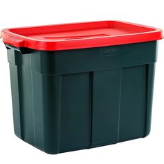 a large plastic storage box with red lid