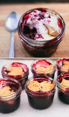 desserts in small glass jars with spoons next to them