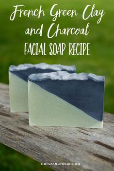 french green clay and charcoal facial soap recipe on a wooden table with grass in the background