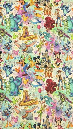 an image of disney characters in the sky with balloons and other things around them on a white background