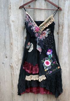 Clothing Upcycle, Upcycled Dress, Fancy Frocks, Fairytale Fashion, Seed Beading, Black Slip Dress, Boho Chic Outfits, Gorgeous Clothes, Handmade Lace