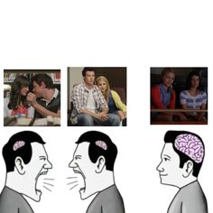 three different images of people with their heads in the same place, one has a pink brain