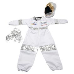 a white astronaut suit with silver trims and gloves