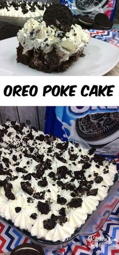 there are two pictures of oreo poke cake