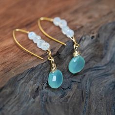 Boho Gemstone Jewelry, Blue Moonstone Earrings For Gift, Handmade Chalcedony Earrings For Gifts, Handmade Chalcedony Earrings As Gift, Handmade Gold Earrings With Chalcedony, Handmade Chalcedony Drop Earrings, Chalcedony Earrings With Ear Wire For Gift, Stone Of Destiny, Moonstone Earrings Gold