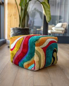 a multicolored rug is sitting on the floor next to a potted plant