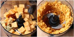 two pictures side by side showing the inside of a food processor with cheese and other ingredients in it