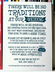 there will be no traditionals at our wedding card with writing on the front and back