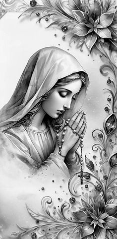 a black and white drawing of a woman praying