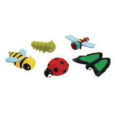 four different kinds of toys are shown on a white background, including one ladybug and the other insect