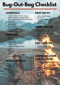 a person holding a cup in front of a campfire with the words bug out - bag checklist on it