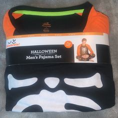 Men's Size Medium 38-40 Halloween Two-Piece Pajama Set (I Have Family Matching Sets) Way To Celebrate Shirt Is Black With Orange Sleeves And Glow In The Dark Skeleton Chest Pants Are Black With Multi-Color Candy Print Pants Are A Warm Fleece Material New Smoke-Free Environment Skeleton Chest, Glow In The Dark Skeleton, Dark Skeleton, Candy Print, Candy Pants, Color Candy, Halloween Pajamas, Black Pumpkin, Dark Men