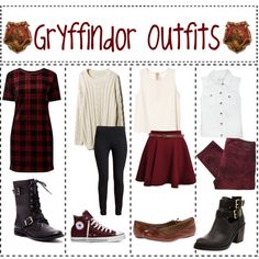 a group of different outfits and shoes with the words gryffinator outfits on them