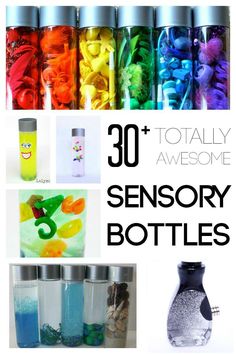 there are many different bottles with the words, 30 totally awesome sensory bottle designs