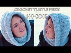 a woman wearing a knitted turtle neck hoodie in two different photos, one is smiling at the camera