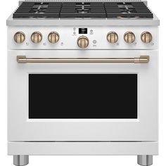 a white oven with gold knobs and two burners on the front, and an oven