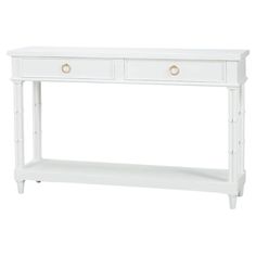 a white console table with two drawers