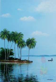 a painting of palm trees and a man in a boat on the water with blue sky