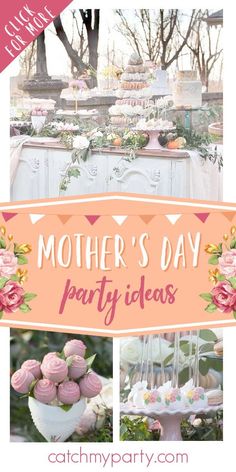 a mother's day party with pink flowers and cupcakes on the table