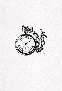 a black and white drawing of an alarm clock with chains on it's sides