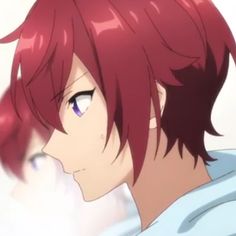 an anime character with red hair and blue eyes looking at something in the distance behind him