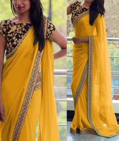 Georgette+Border+Work+Yellow+Plain+Saree+-+808C at Rs 1499 Plain Saree With Designer Blouse, Plain Saree With Heavy Blouse, Yellow Sari, Saree With Designer Blouse, Blouse Back Neck Designs, Fancy Sarees Party Wear, Plain Saree, Simple Sarees