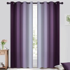 purple and white curtains in a living room