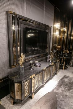 Orion Tv Stand - Ali Guler Furniture Dark House Interior Design, Gilded Furniture, Modern Foyer, Dark House, Glam Living Room, Floor Tile Design, Luxury Living Room Design, Foyer Decor, Decor 2024