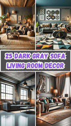 the living room is decorated in dark gray and white colors, with lots of furniture