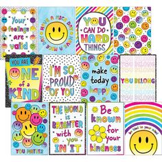 a variety of greeting cards with smiley faces