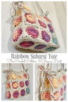 crocheted bag hanging on the wall with text reading rainbow burst tote free crochet pattern