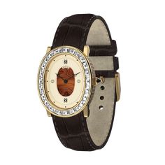 This sophisticated watch showcases an oval-shaped gold-plated steel case encircled with clear trapezoid-cut lab-grown gemstones. The double-layered dial, embellished with two lab-grown diamonds, features an outer layer of fine-textured pale gold and an inner layer designed with a refined wood grain pattern. Paired with a deep brown crocodile-embossed leather strap, this watch exudes vintage grandeur and elegance, seamlessly blending luxury and classic style. Case: 24mm steel case with polished a Luxury Gold Oval Watch, Luxury Oval Gold Watches, Yellow Gold Oval Watch For Gift, Modern Formal Watches With Rotating Bezel, Oval Yellow Gold Watch As Gift, Modern Watches With Rotating Bezel For Gift, Modern Formal Watch Accessories With Rotating Bezel, Oval Quartz Watch For Formal Occasions, Oval Yellow Gold Watches For Gifts