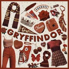 an advertisement for gryffindor featuring clothing, shoes, and other items in red