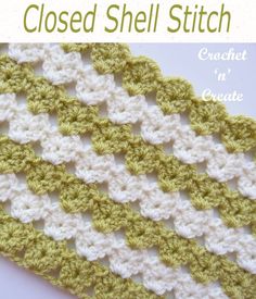 the crocheted shell stitch is shown in green and white