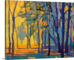 an oil painting of trees in the woods with yellow and blue colors canvas print on wall