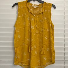 Mustard Yellow And Cream Floral Sleeveless Top With Gathering At Top And String Detail Size Juniors Large Floral Sleeveless Top, Cream Yellow, Yellow Cream, Floral Sleeveless, Mustard Yellow, Kids Shirts, Mustard, Shirts Tops, Sleeveless Top