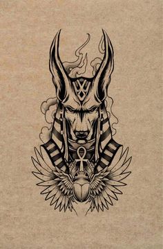 a drawing of an animal with horns and wings on it's face, in black ink