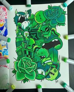 a drawing of plants and skulls on paper with colored crayons around the edges