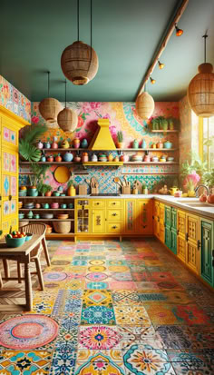 a colorful kitchen with lots of potted plants