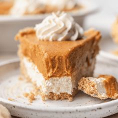 a slice of no - bake pumpkin pie on a white plate with the words, no - bake pumpkin pie