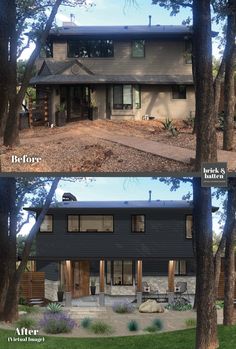 before and after pictures of a house in the woods