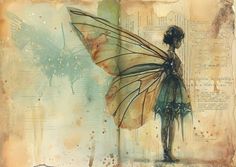 a painting of a woman with a butterfly wings on her back, standing in front of an old book page