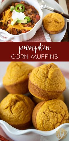 pumpkin corn muffins in a white bowl and on a plate