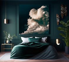 a bedroom with green walls and a large painting on the wall above the headboard