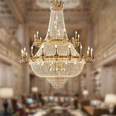 a large chandelier hanging from the ceiling in a room