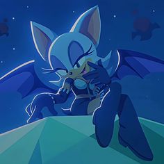 an animated image of a blue cat sitting on top of a hill in the night